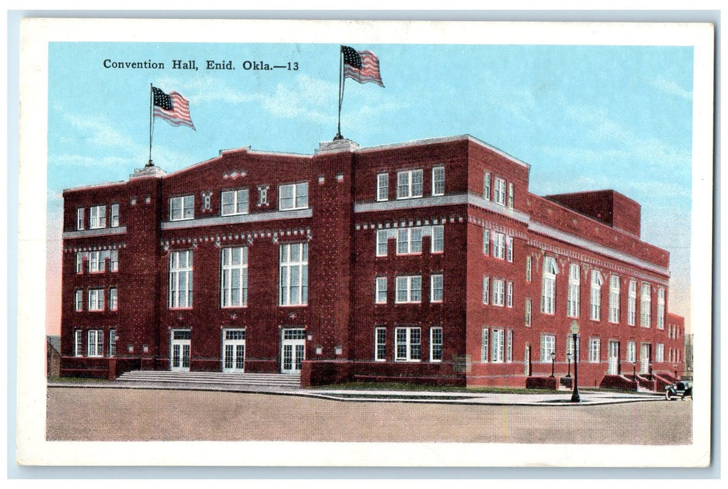 c1940s Convention Hall Exterior Roadside Enid Oklahoma OK Unposted Flag Postcard