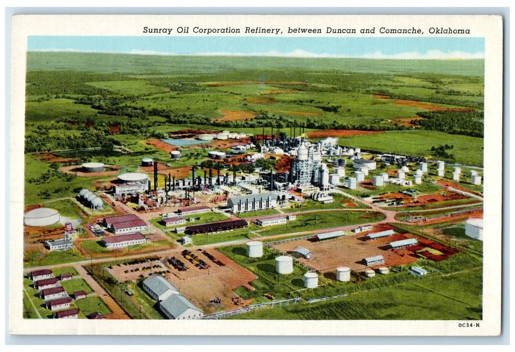c1940's Sunray Oil Corporation Refinery Between Duncan And Comanche OK  Postcard