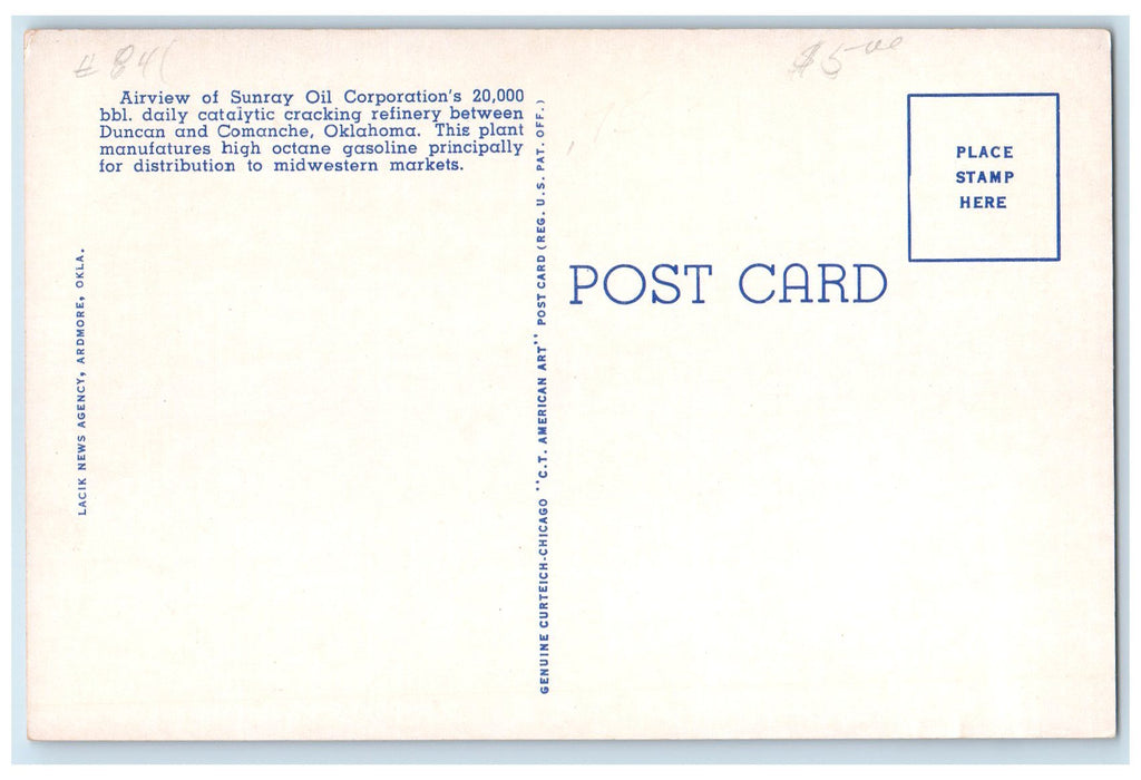 c1940's Sunray Oil Corporation Refinery Between Duncan And Comanche OK  Postcard