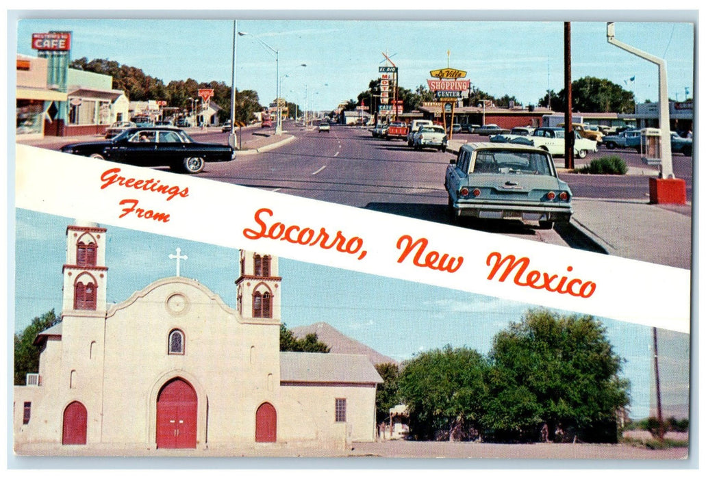 1970 Greetings From Socorro Church Building Highway Cars New Mexico NM Postcard