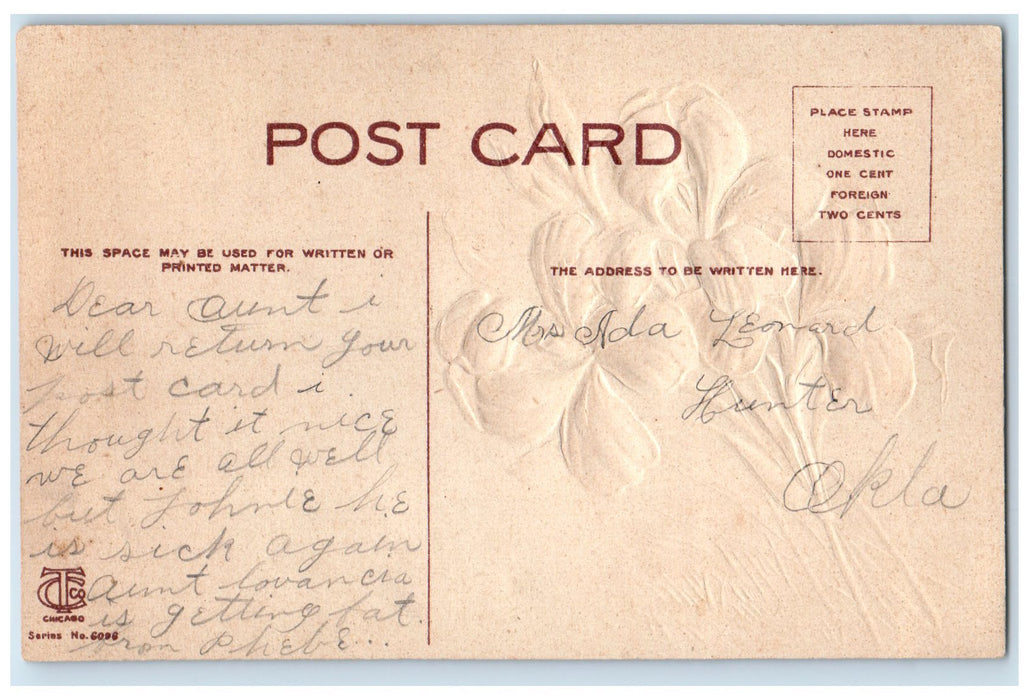 c1910s Greetings From Bado Oklahoma OK Posted Embossed Flowers & Leaves Postcard