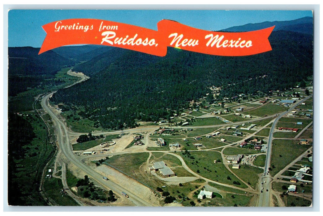 1961 Greetings From Ruidoso Aerial View Highways Hills New Mexico NM Postcard