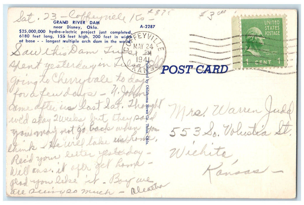 1941 Grand River Dam Hydro-Electric Project Near Disney Oklahoma OK Postcard