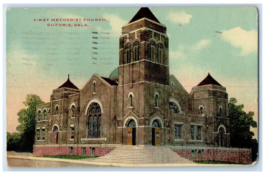 1909 First Methodist Church Exterior Roadside Guthrie Oklahoma OK Trees Postcard