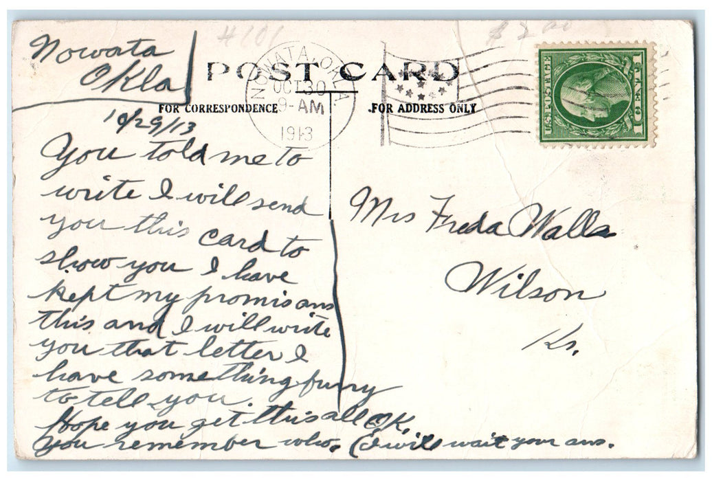 1913 If You Were Not So Far Away From Nowata Oklahoma OK Posted Pennant Postcard