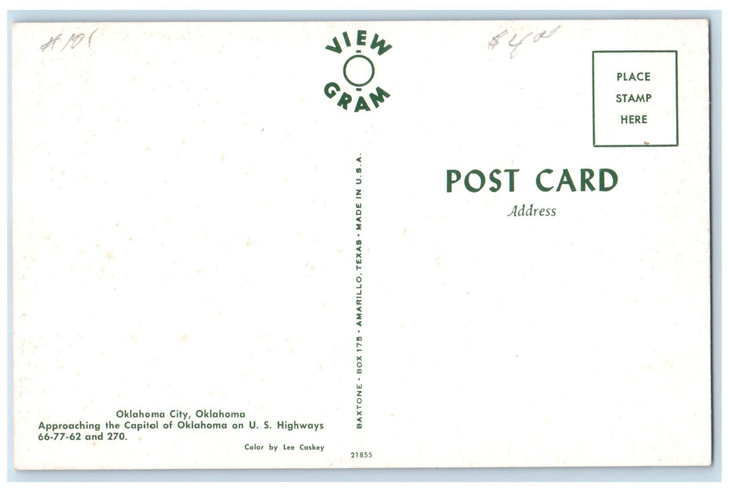 c1960's Approaching The Capitol Of Oklahoma Cars Scene Oklahoma City OK Postcard