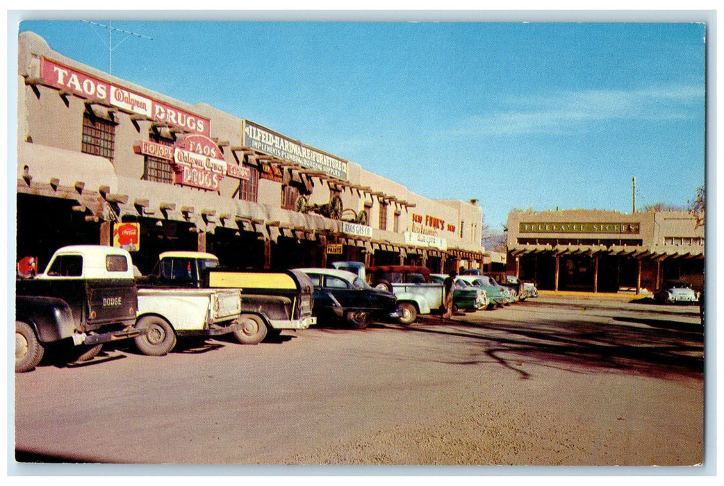 c1950 Business District On The Plaza Classic Cars At Taos New Mexico NM Postcard