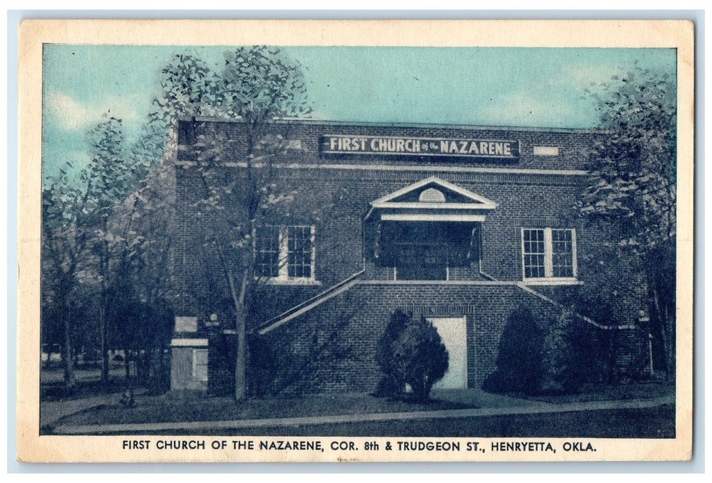 c1940's First Church Of The Nazareth Corner Henryetta Oklahoma OK Trees Postcard