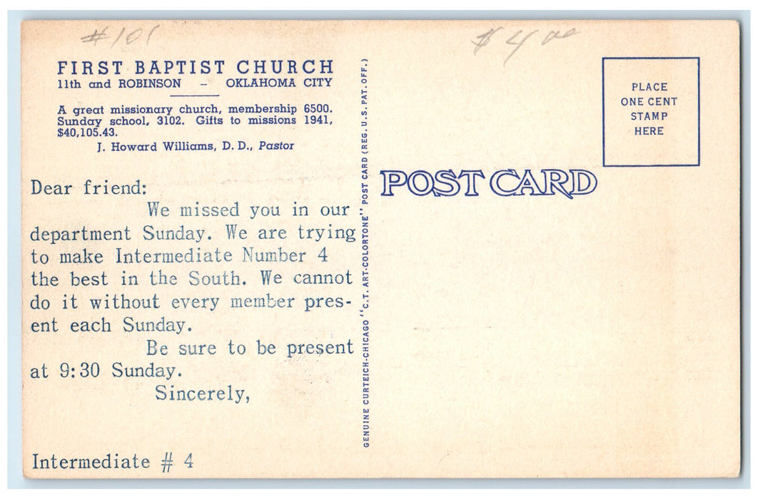 c1940's First Baptist Church Exterior Roadside Oklahoma City OK Clouds Postcard