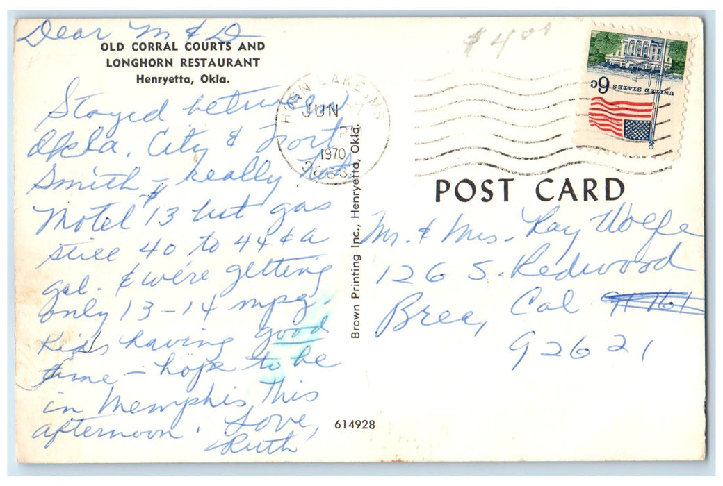 1970 Old Corral Courts And Longhorn Restaurant Roadside Henryetta OK  Postcard