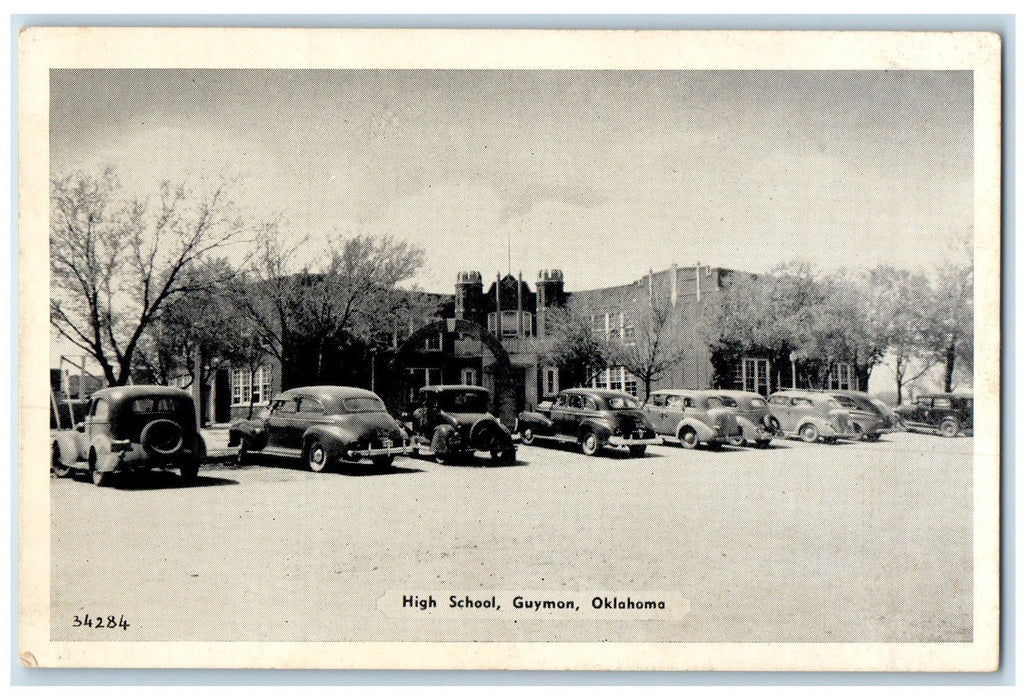 c1940's High School Exterior Roadside Guymon Oklahoma OK Posted Cars Postcard