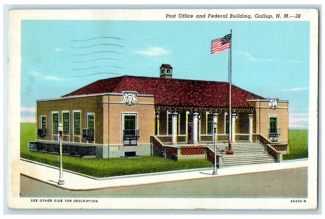 1947 Post Office & Federal Building Steps US Flag Gallup New Mexico NM Postcard