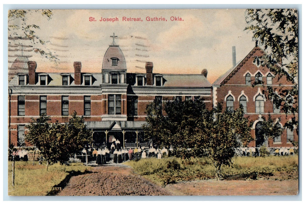 1908 St. Joseph Retreat Exterior People Scene Guthrie Oklahoma OK Trees Postcard