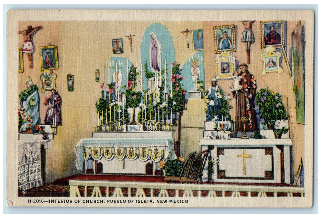 c1920's Interior Of Church Catholic Beliefs Saints Pueblo Isleta NM Postcard