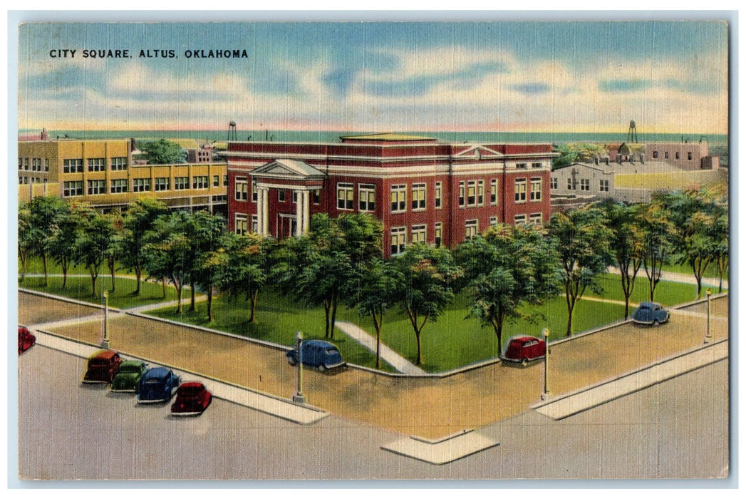 1943 Bird's Eye View Of City Square Trees Cars Altus Oklahoma OK Posted Postcard