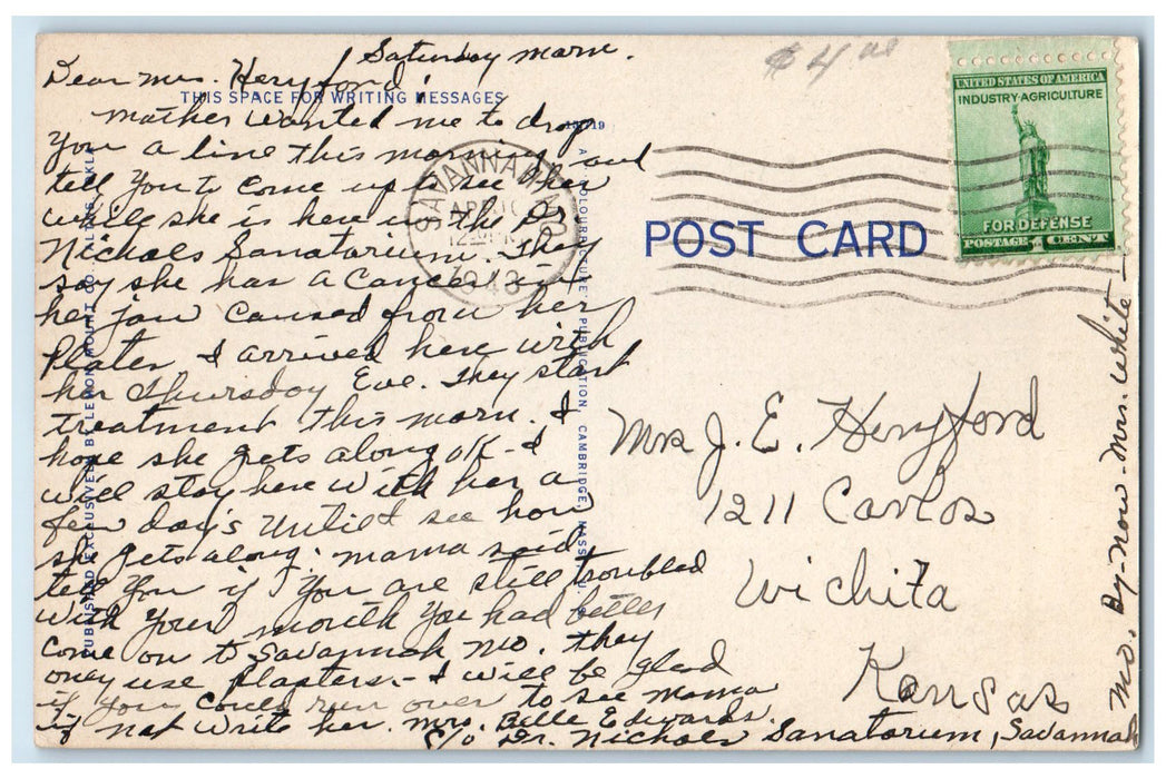 1943 Bird's Eye View Of City Square Trees Cars Altus Oklahoma OK Posted Postcard