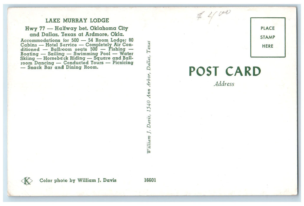 c1940's Aerial View Of Lake Murray Lodge Ardmore Oklahoma OK Unposted  Postcard