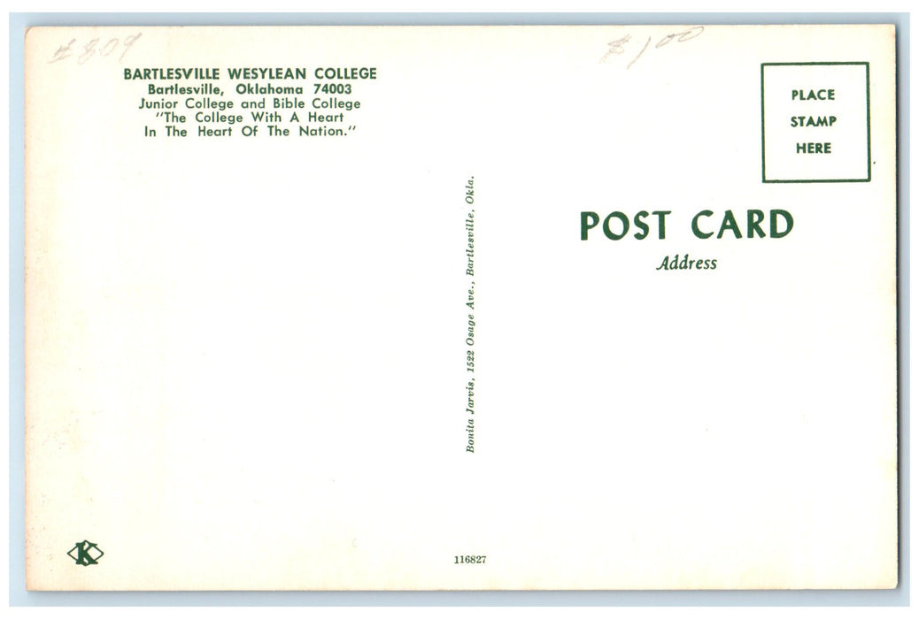 c1960's Bartlesville Wesylean College Exterior Bartlesville Oklahoma OK Postcard