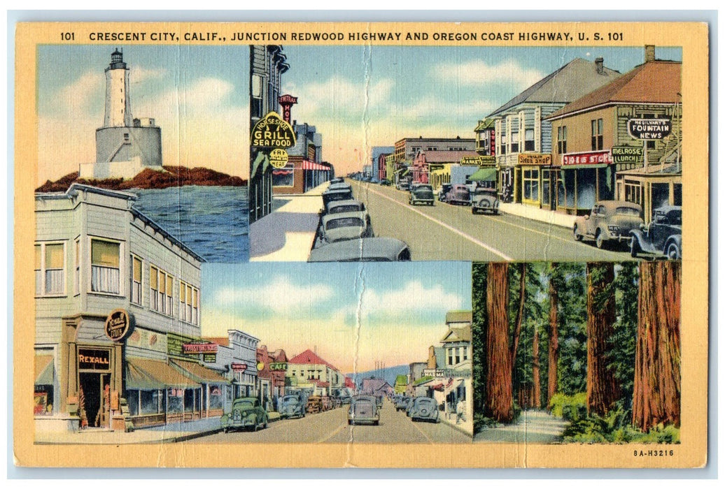 1940 Junction Redwood Highway & Oregon Coast Crescent California CA Postcard