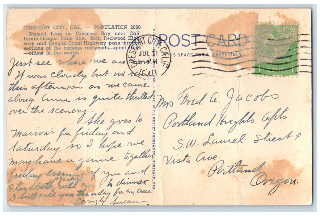 1940 Junction Redwood Highway & Oregon Coast Crescent California CA Postcard