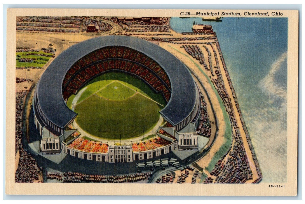 c1940 Municipal Stadium Sports Field Aerial View Lake Erie Cleveland OH Postcard