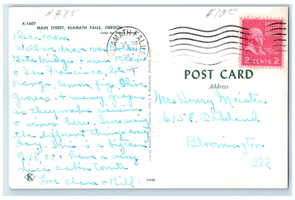 c1940 Main Street Classic Car Downtown Building Klamath Falls Oregon OR Postcard