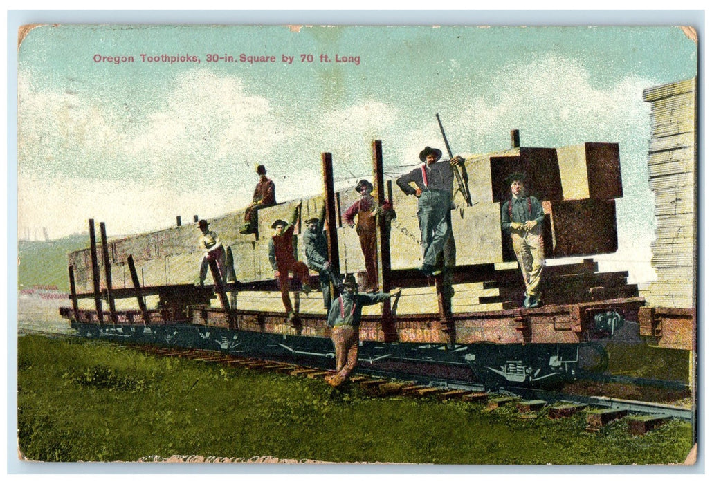 1909 Toothpicks Big Logs 30 In. 70 Ft, Long Workers Railroad Oregon OR Postcard