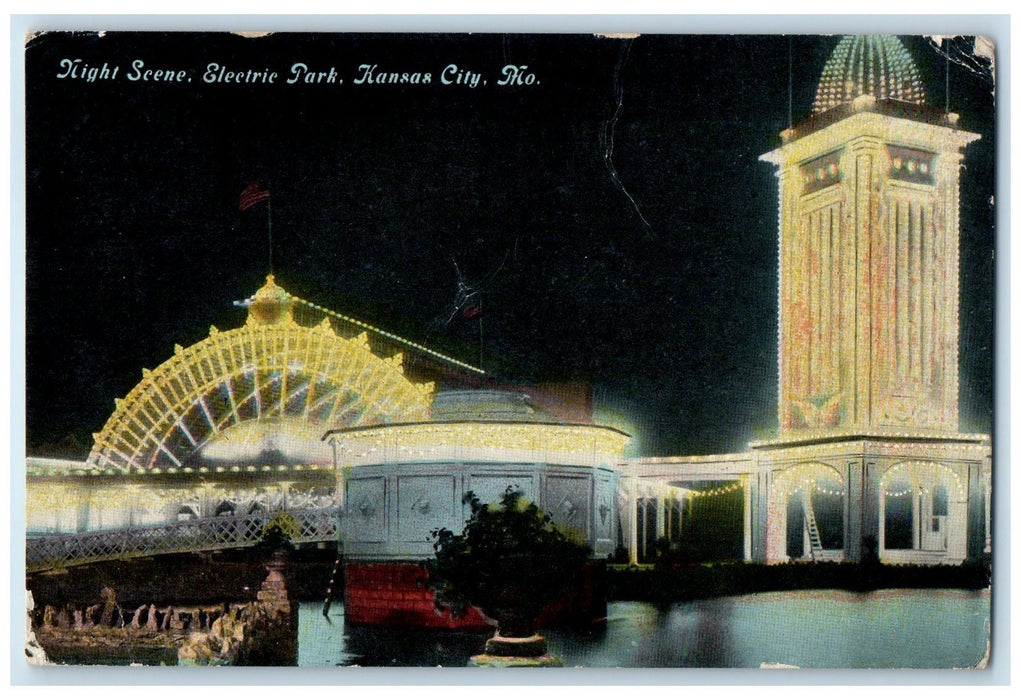 1913 Night Scene Electric Park Kansas City Missouri MO Posted Vintage Postcard