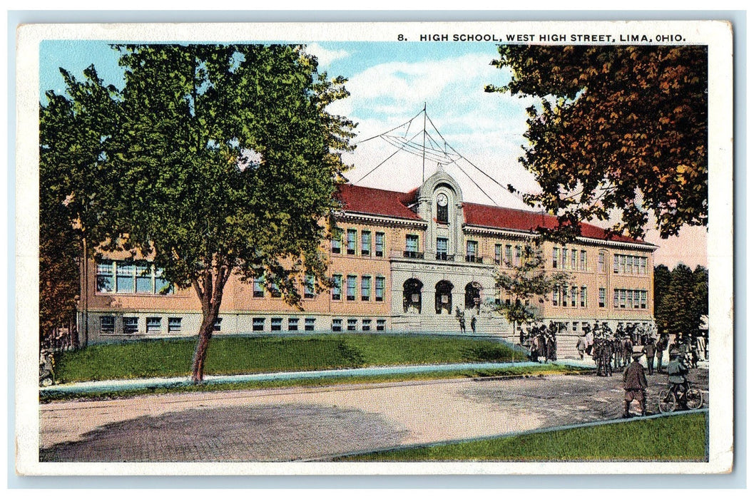 1921 High School West High Street Campus Building Students Lima Ohio OH Postcard