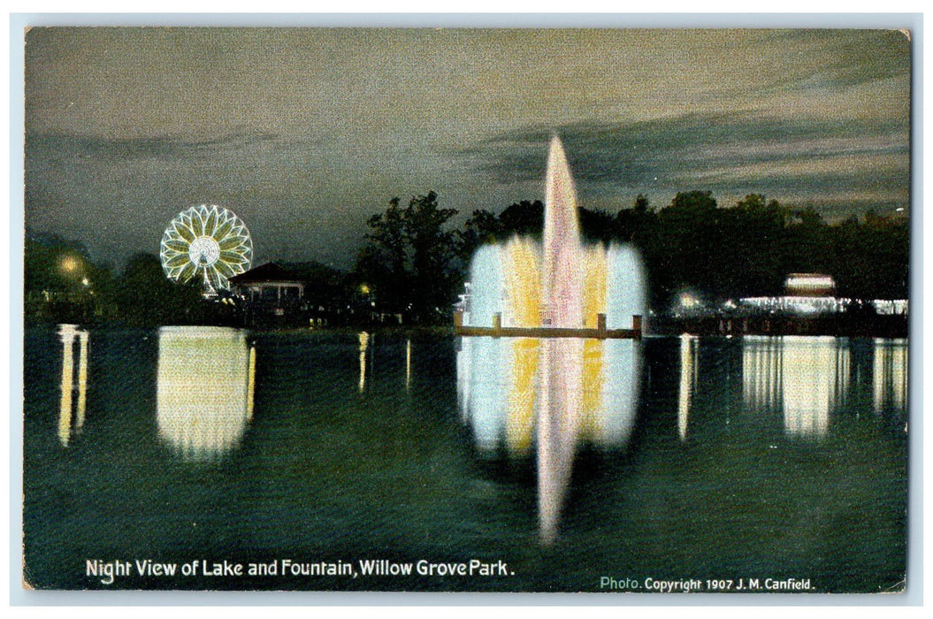 1910 Night View Of Lake And Fountain Willow Grove Park PA Ferries Wheel Postcard