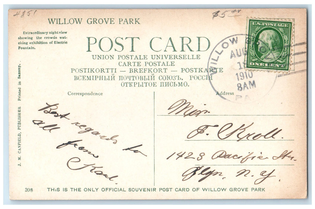 1910 Night View Of Lake And Fountain Willow Grove Park PA Ferries Wheel Postcard