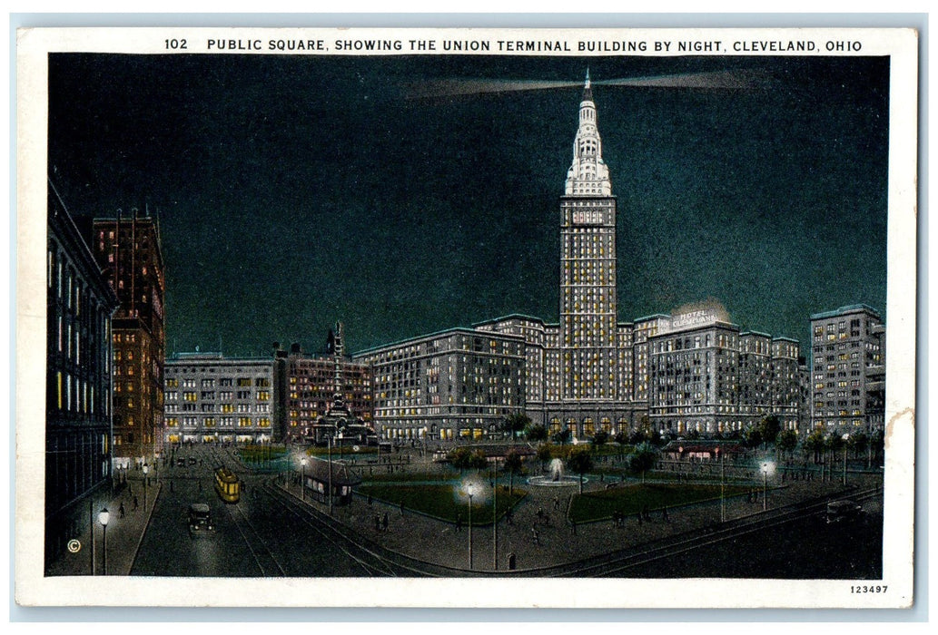 c1920 Public Square Union Terminal Building By Night Cleveland Ohio OH Postcard