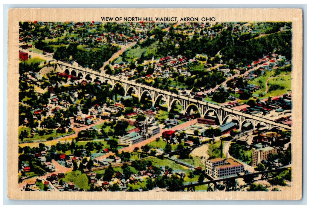 1950 View Of North Hill Viaduct Bridge Buildings Roads Akron Ohio OH Postcard