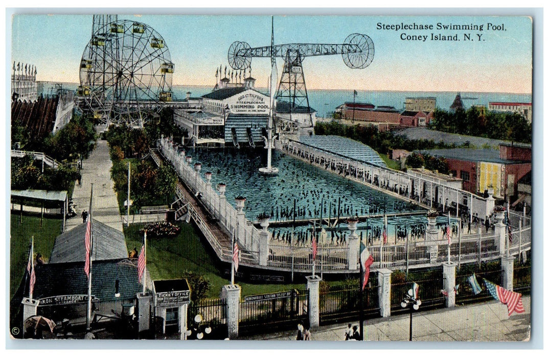 c1920s Steeplechase Swimming Pool Coney Island New York NY Ferris Wheel Postcard
