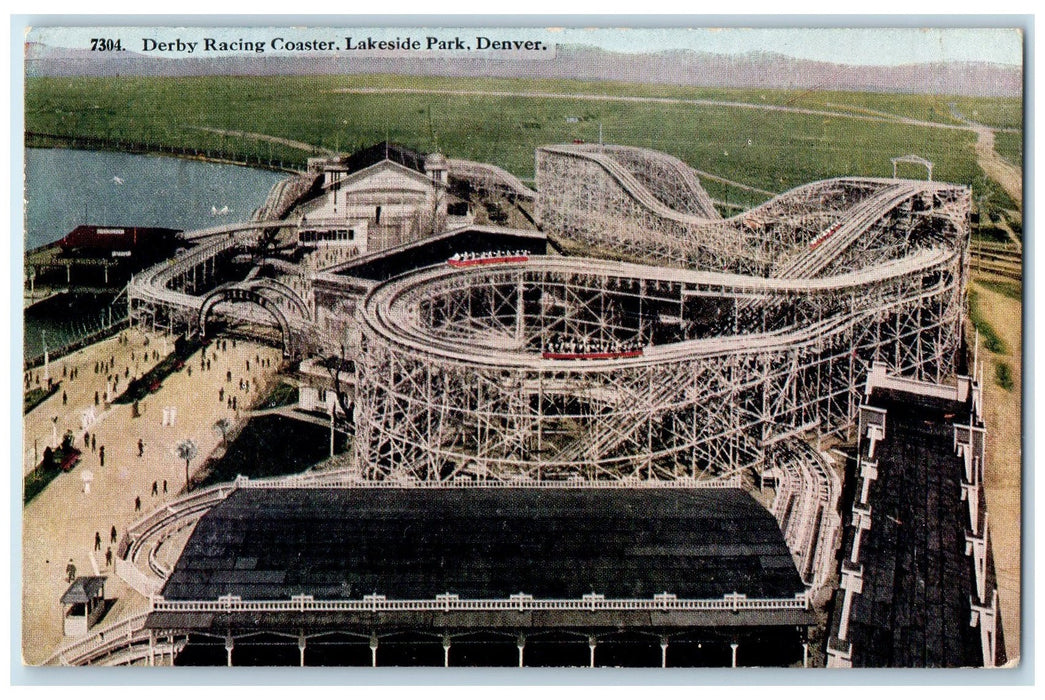 c1920's Derby Racing Coaster Scene Lakeside Park Denver Colorado CO Postcard