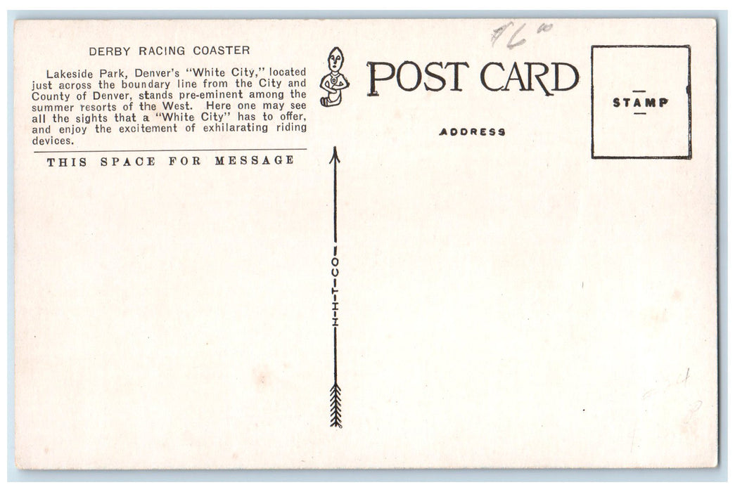 c1920's Derby Racing Coaster Scene Lakeside Park Denver Colorado CO Postcard