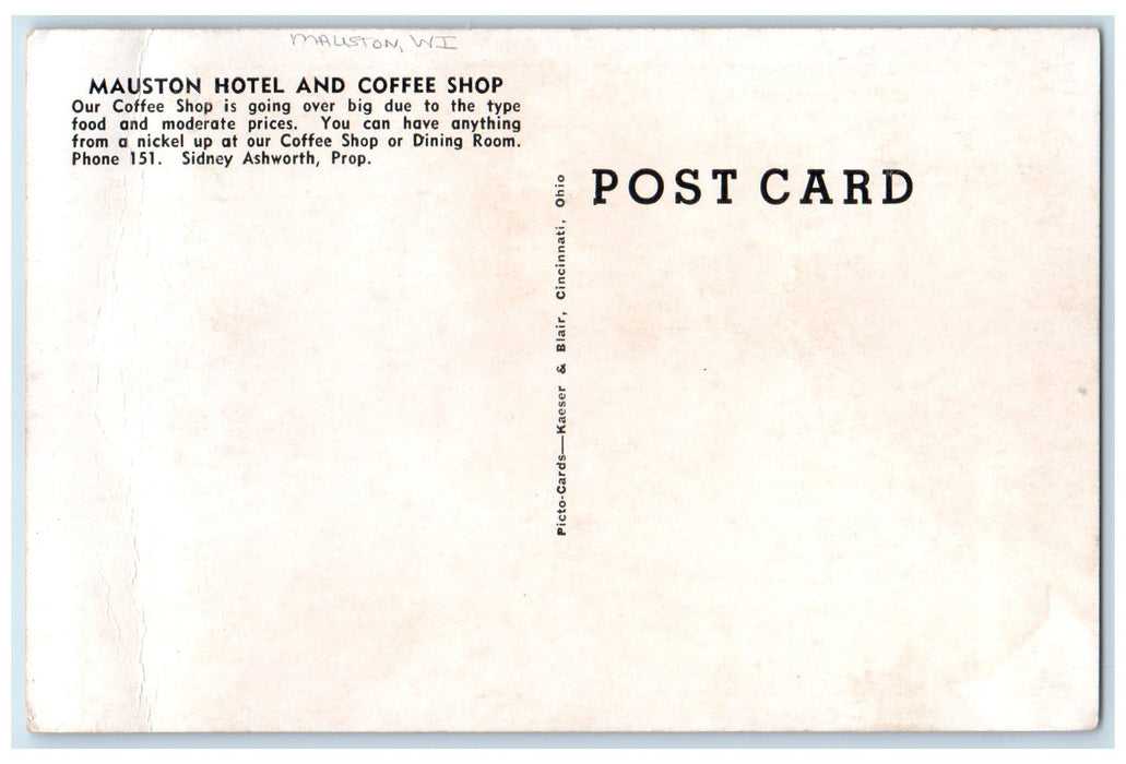 c1920's Mauston Hotel & Coffee Shop Restaurant Mauston Wisconsin WI Postcard