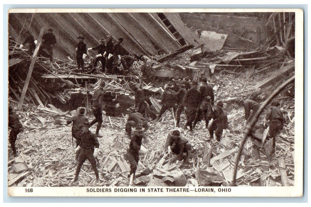 c1920's Soldiers Digging In State Theatre Tornado Damage Lorain Ohio OH Postcard