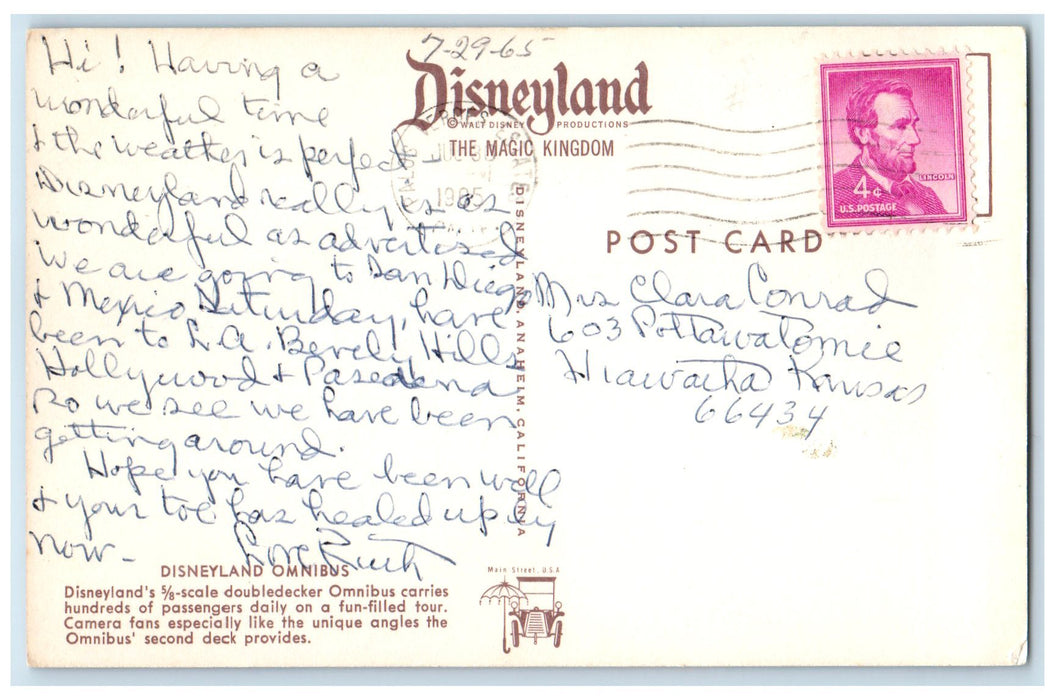 1965 Disneyland Omnibus Double-decker View Disneyland Anaheim CA Posted Postcard