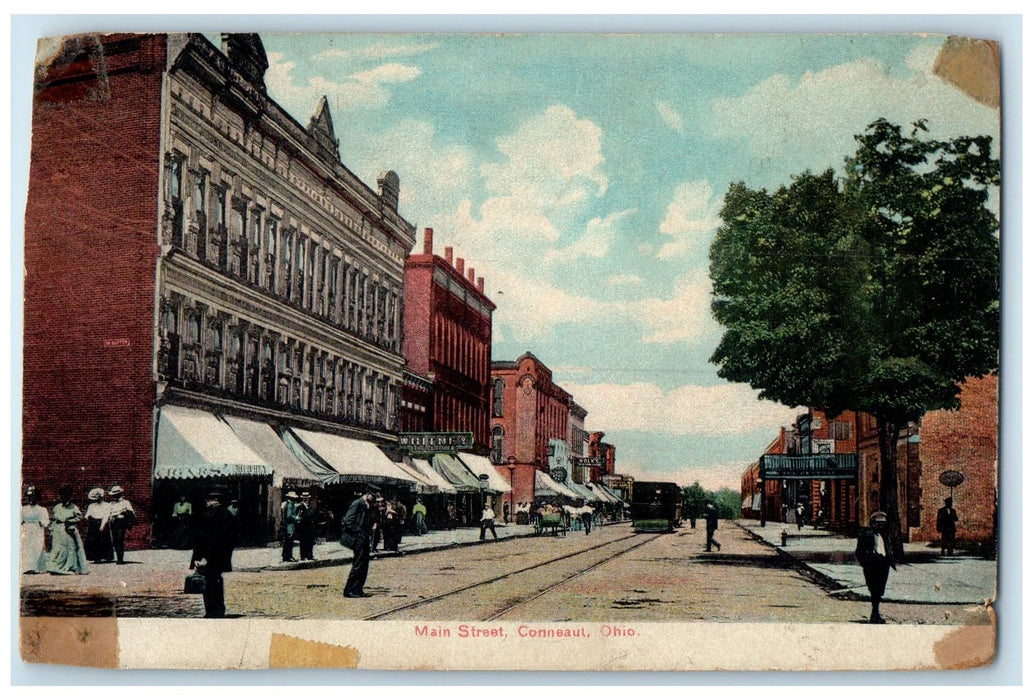 1908 Main Street Railroad Downtown People Carriage Conneaut Ohio OH Postcard