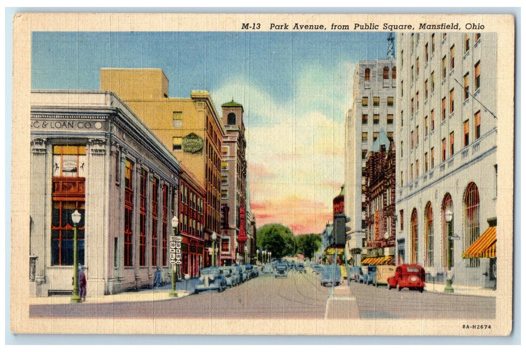 c1920's Park Avenue From Public Square Building Cars Mansfield Ohio OH Postcard