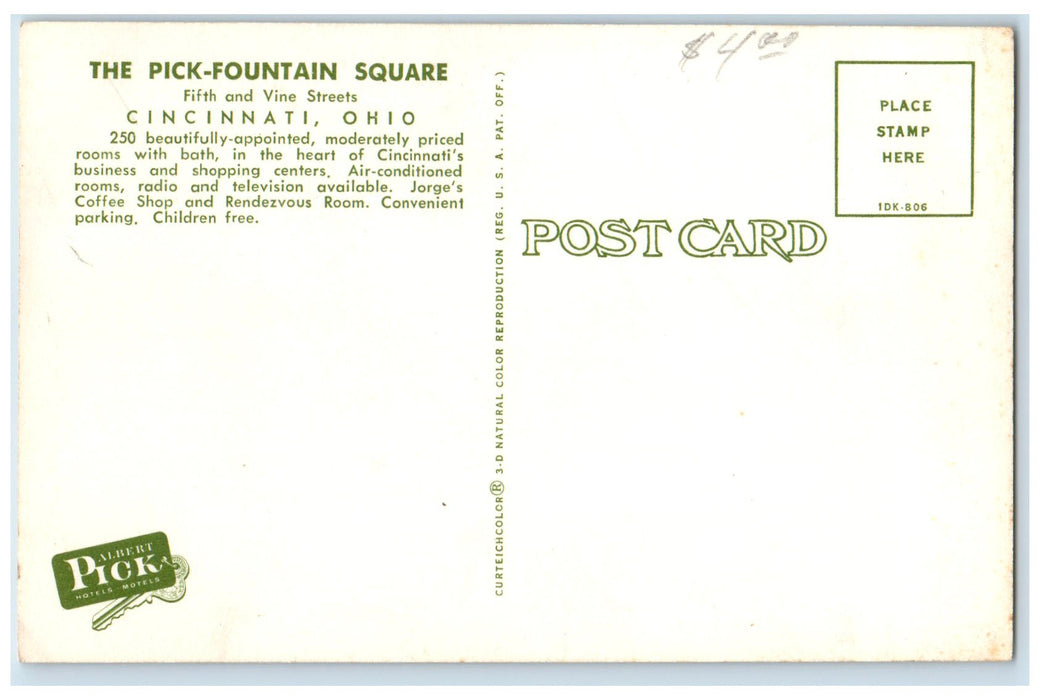 c1950 Pick Fountain Square Hotel Restaurant Building Cincinnati Ohio OH Postcard