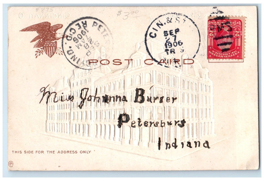1906 Custom House & Post Office Cincinnati Ohio OH Airbrushed Embossed Postcard
