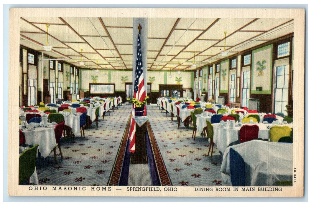 c1920's Ohio Masonic Home Dining Room Interior US Flag Springfield OH Postcard