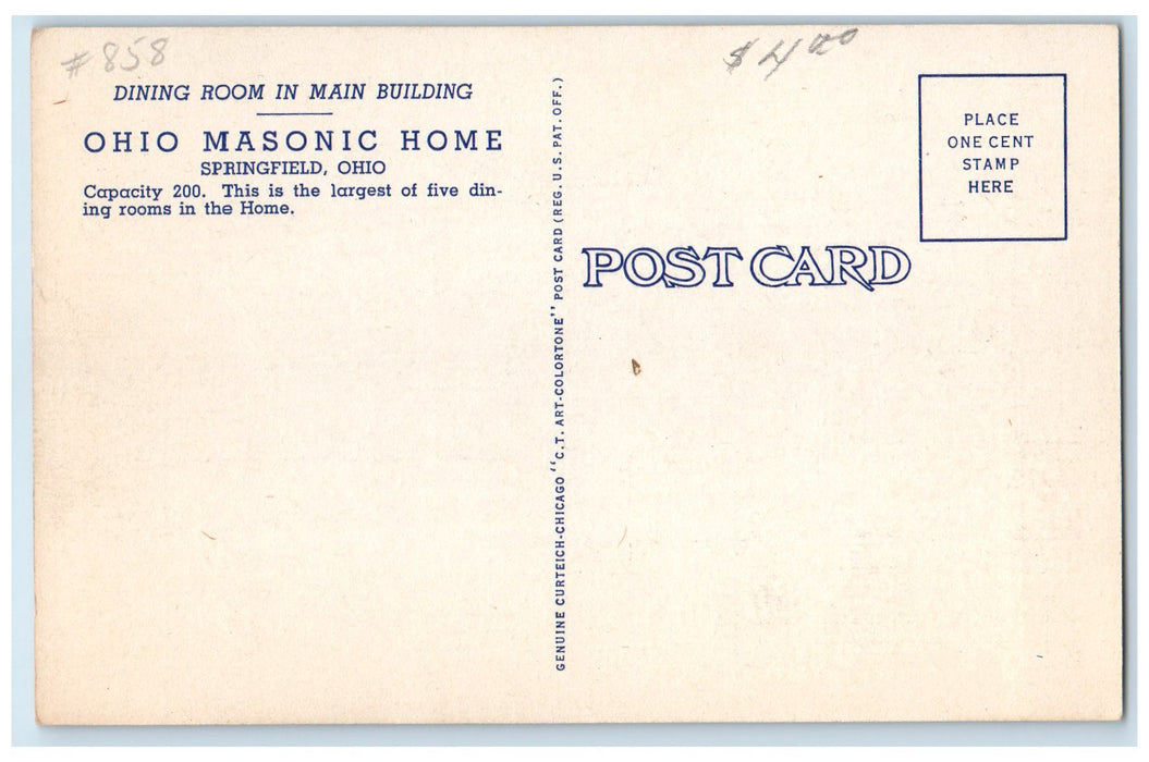 c1920's Ohio Masonic Home Dining Room Interior US Flag Springfield OH Postcard