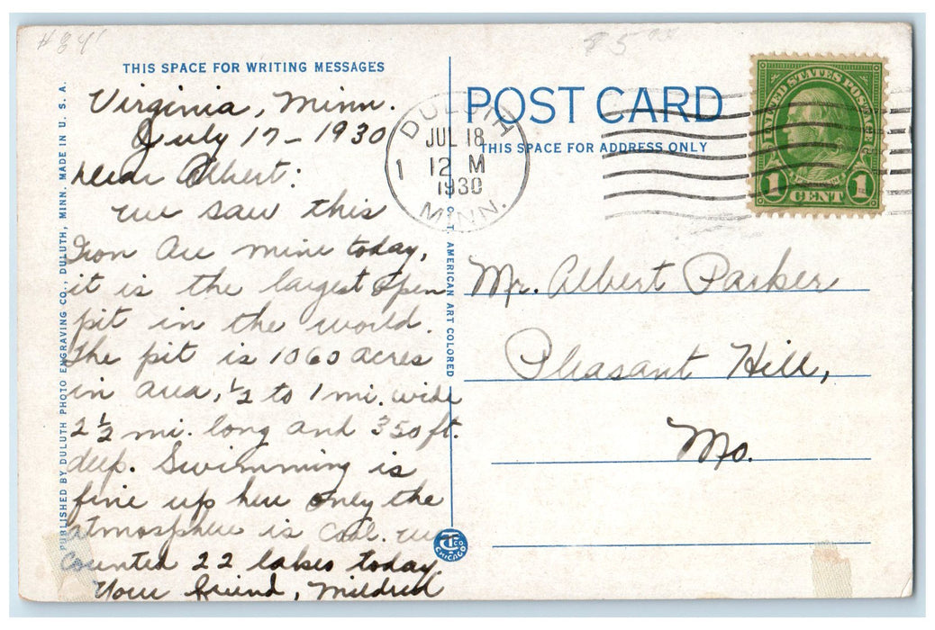 1930 Hull Rust Mine Scene Clouds Hibbing Minnesota MN Posted Vintage Postcard