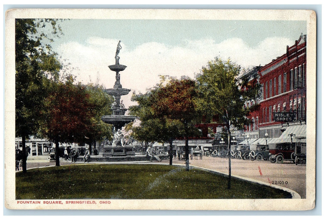 c1920's Fountain Square People Classic Cars Parked Springfield Ohio OH Postcard