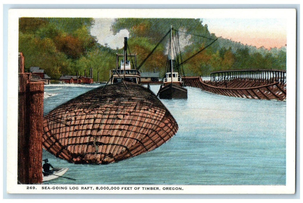 c1920 Sea Going Log Raft Transport Steam Boat Columbia River Oregon OR Postcard