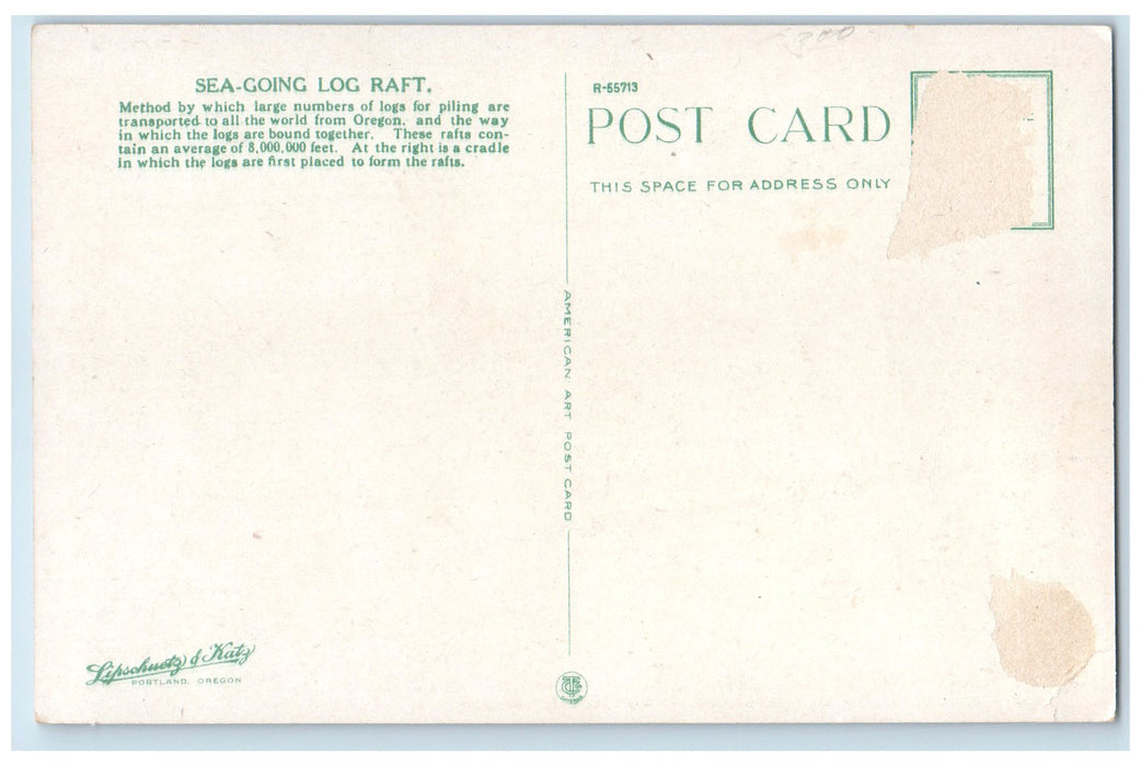 c1920 Sea Going Log Raft Transport Steam Boat Columbia River Oregon OR Postcard