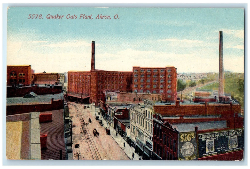 c1910 Quaker Oats Plant Railroad Smokestacks Dirt Road Akron Oregon OR Postcard